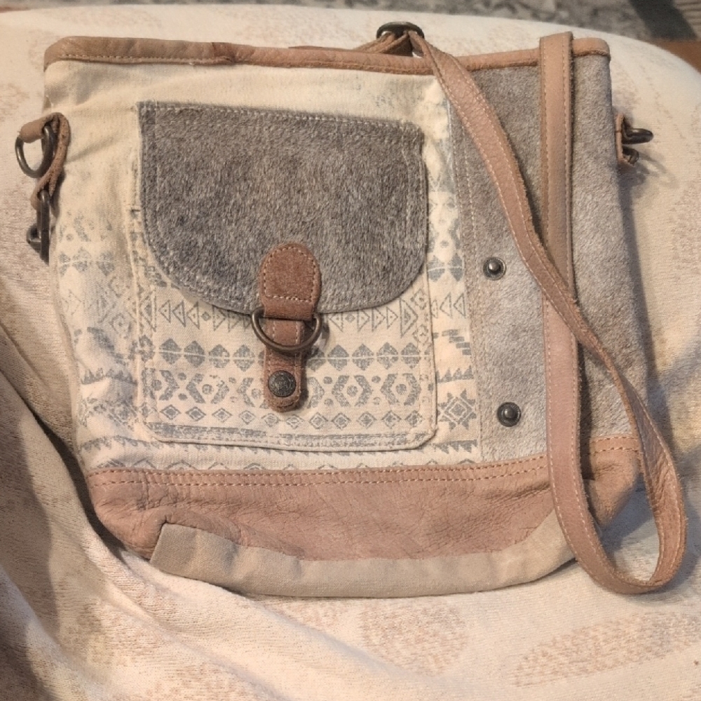 Gray and Tan Crossbody Bag with Adjustable Strap